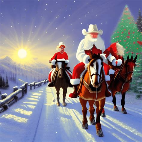 Papá Noel Y La Señora Claus Con Sombreros De Vaquero Y Montando A