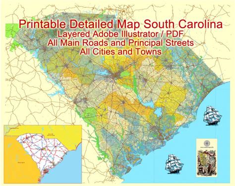 Map South Carolina Printable Vector Detailed Street Road Admin Plan