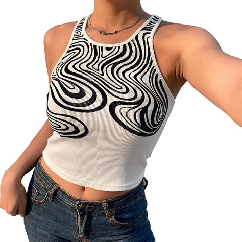women e girl y2k vintage print vest topsleeveless rib knitted graphic tank top hip