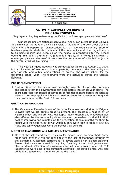 Accomplishment Report Brigada Eskwela Department Of Education