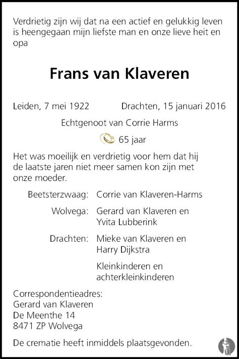 Frans Van Klaveren Overlijdensbericht En Condoleances