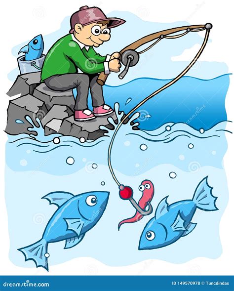 Fisherman On Sea Side Fishing Cartoon Style Stock Illustration
