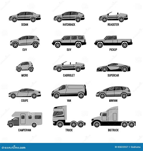 Automobile Set Isolated Car Models Of Different Sizes Or Capabilities