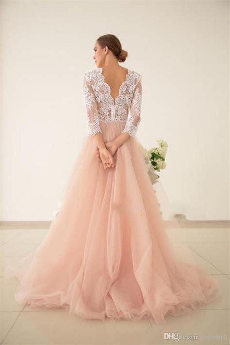 Simple Vintage Blush Pink Wedding Dresses Plus Size 34 Sleeve V Neck