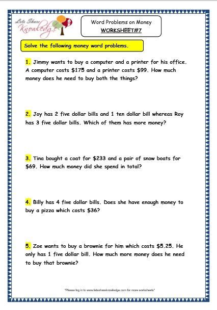 grade  maths worksheets  word problems  money word problems