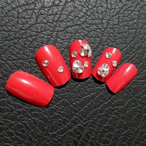 buy red false nails shiny flat top fake nails 3d rhinestones nail art full