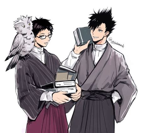 Two Anime Characters Are Holding Books And An Owl Is Perched On Their