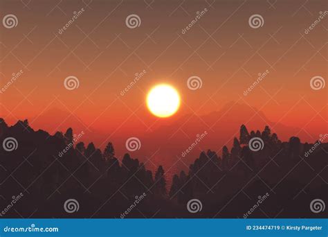 3d Mountains And Trees Landscape Against A Sunset Sky Stock