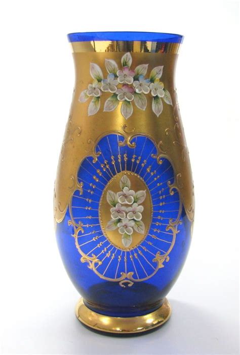Vintage Bohemian Cobalt Blue Hand Made Crystal Vase Gold Gilded Flowers