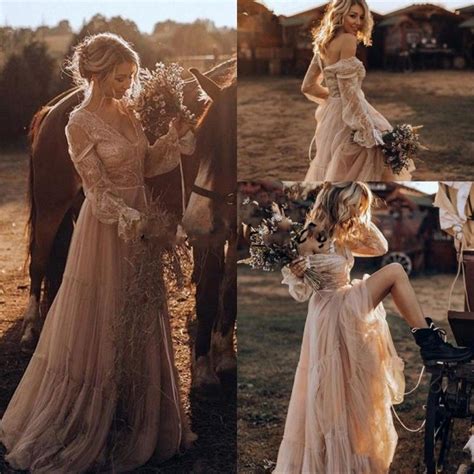 Discountvintage Country Western Wedding Dresses 2019 Lace Long Sleeve Gypsy Striking Boho Bridal