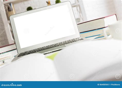 White Laptop On Office Desk Stock Image Image Of Copy Mockup 86400565