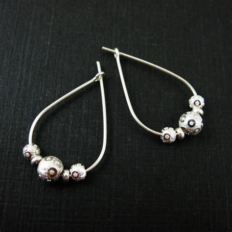 Sterling Silver Teardrop Hoop Earrings Silver Beaded Earrings Bead
