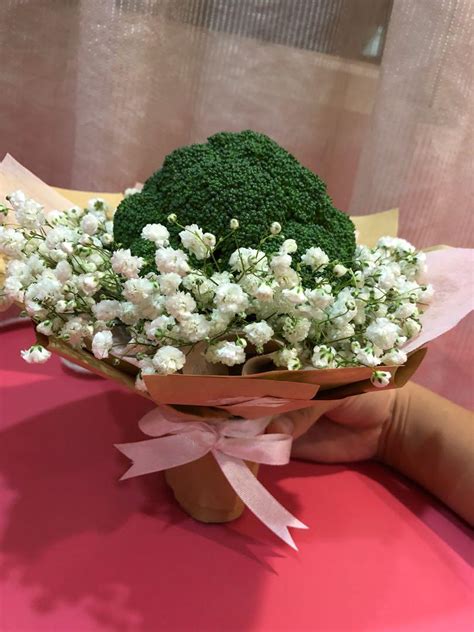 Broccoli Bouquet With Fresh Babys Breath Gardening Flowers