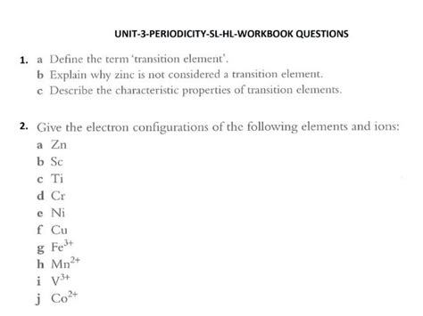 Ib Chemistry Unit 3 Periodicity Slhl Workbook Questions Teaching