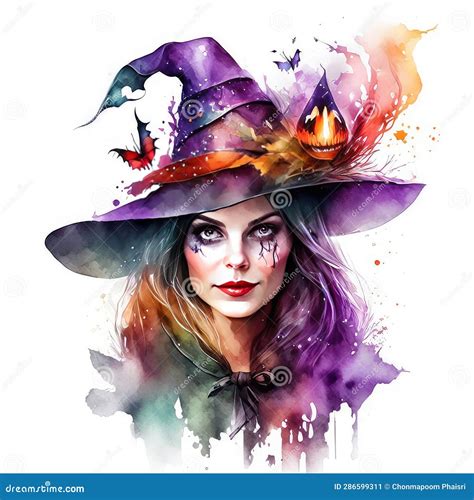 Beautiful Girl In A Witch S Hat Watercolor Illustration Generative Ai