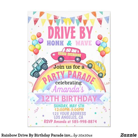 Rainbow Drive By Birthday Parade Invitation Rainbow
