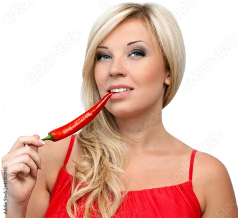 Sexy Blonde Girl With Hot Pepper Buy This Stock Photo And Explore