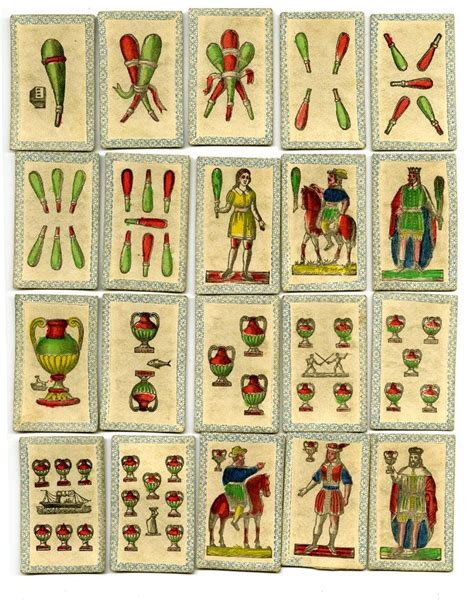 The court cards from the late 14th century decks in italy typically included a mounted king, a seated and crowned queen, plus a knave. Complete pack of 40 playing-cards with Spanish suit-marks, for the game of ombre. These cards ...