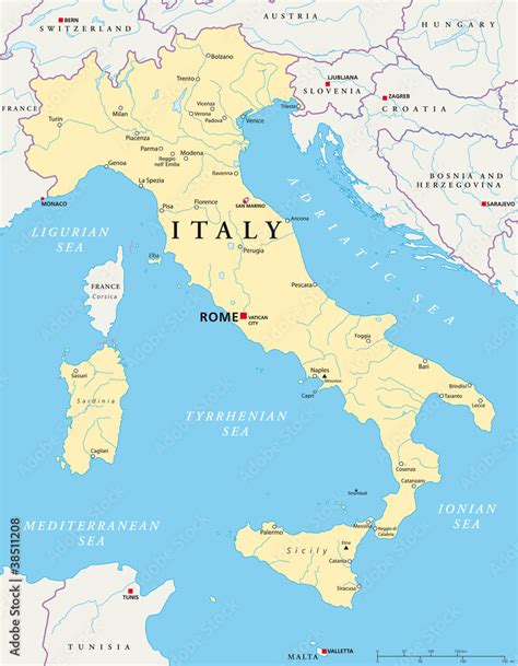 Obraz Polityczna Mapa Włoch Ze Stolicą Rzym Watykan I San Marino
