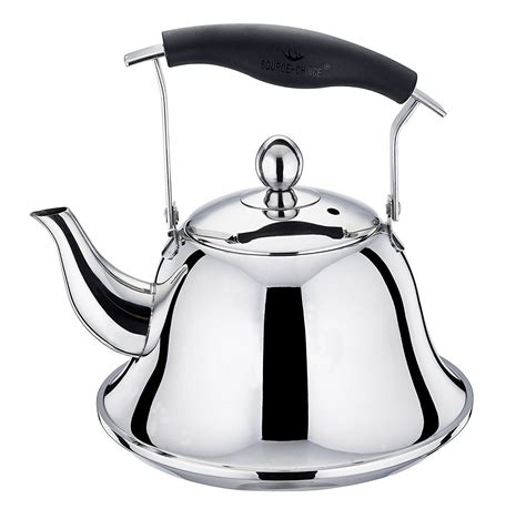 A Stainless Steel Tea Kettle With A Black Handle