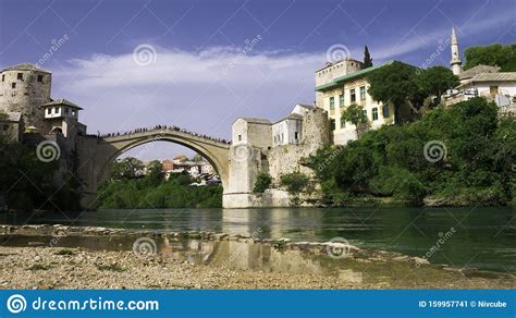 Stari Most Bridge And Its Reflection In River Neretva Old Town Of