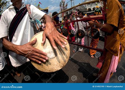 Musicians Hitting Traditional Drum And Gong In Poy Sang Long Fe