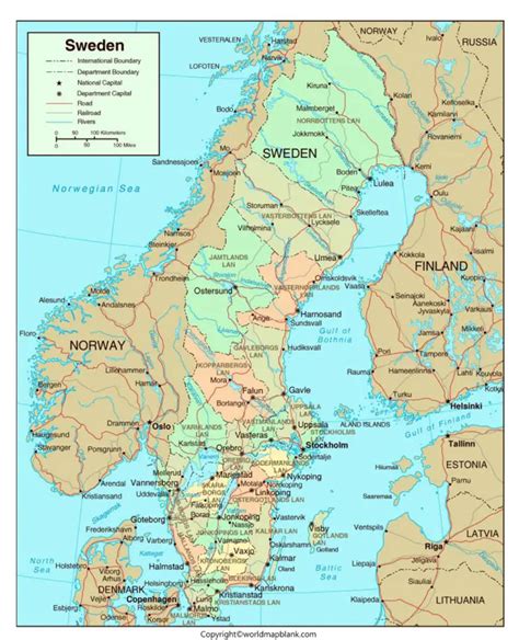 Labeled Map Of Sweden With States Cities And Capital