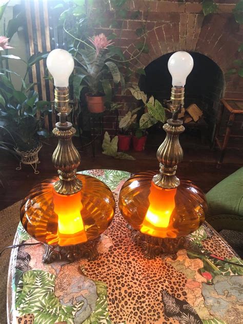 Vintage Amber Glass Victorian Style Table Lamps Etsy Amber Glass Glass Table Lamp Table Lamp