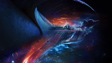 Fantasy Art Ship Waterfall Space Blue Red Wallpapers