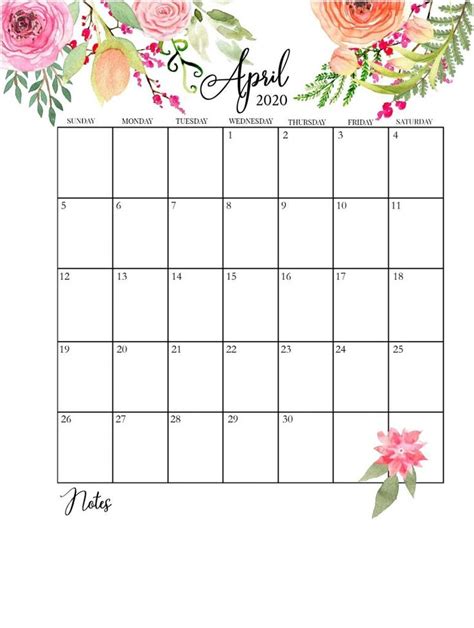 April 2020 Floral Calendar In 2020 Calendar Printables Cute Calendar