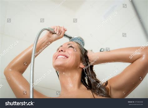 Happiness Shower Woman Washing Face Hair Stock Photo 373383448