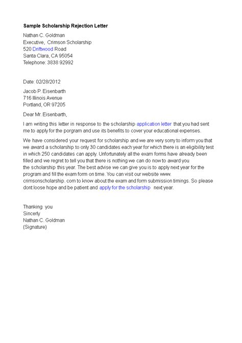 Scholarship Application Rejection Letter Templates At