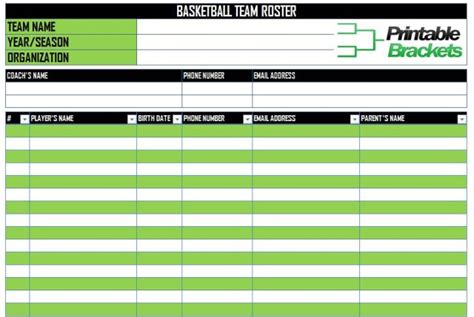 Basketball Roster Template Free Download Printable