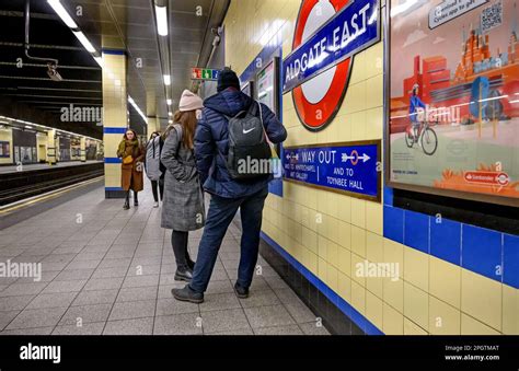 London England Uk Platform Of Aldgate East Tube Station Stock Photo
