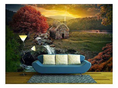 Wall26 Beautiful Nature Scene With Cottage In The Mountains Near A Stream Removable Wall