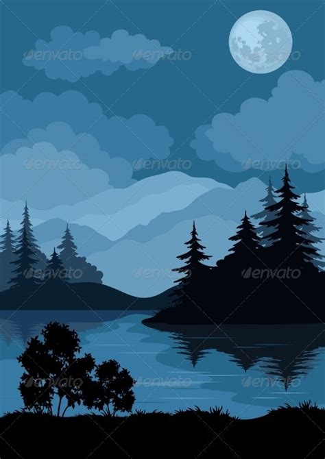 Landscape Trees Moon And Mountains Night Landscape