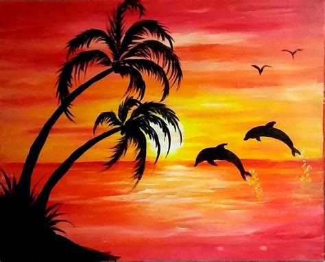 Yvette Andino Art Original Beach Sunset And Dolphins 20x16 Abstract