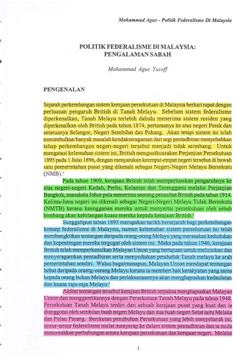 Pdf Federalisme Di Malaysiakonsep Federalisme Mohammad Agus