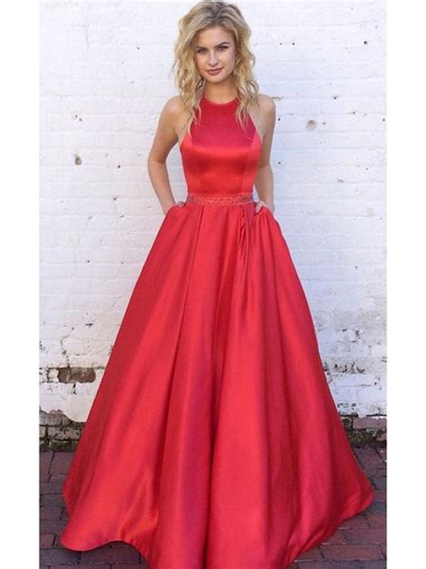 Cute A Line Halter Backless Red Satin Long Prom Dress Halter Prom