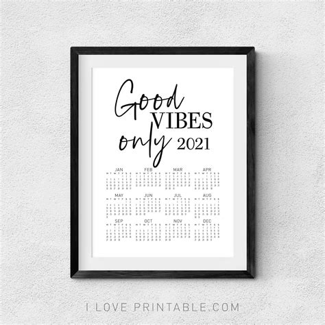 2021 Wall Calendar Printable Art Office Decor Good Vibes Etsy