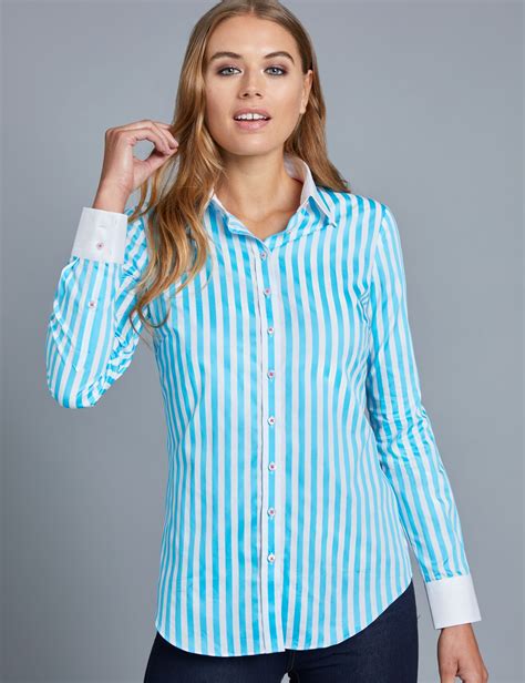 women s blue and white stripe semi fitted shirt single cuff hawes and curtis