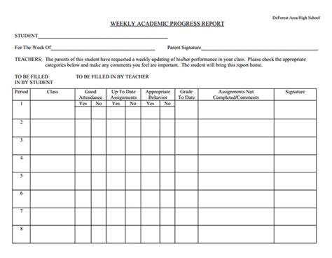 Student Weekly Progress Report Template Sample Templates