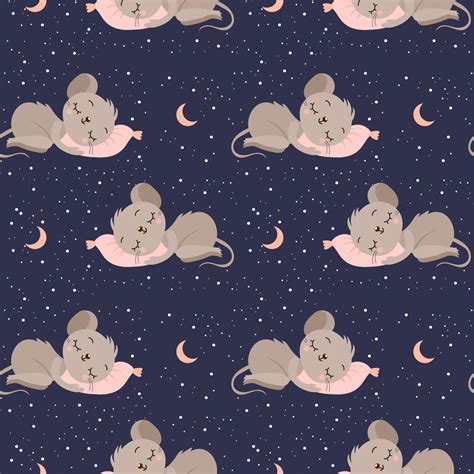 Seamless Pattern Cute Sleeping Mice On The Night Sky Background With