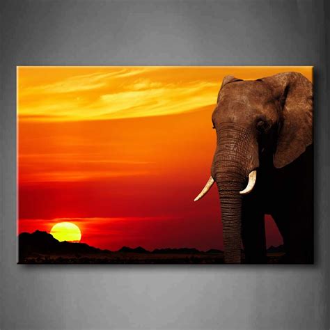 Yellow Orange African Elephant At Sunset Hills Colorful Sky Wall Art
