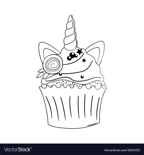 Cute Unicorn Cupcake In Black And White Color Vector Image