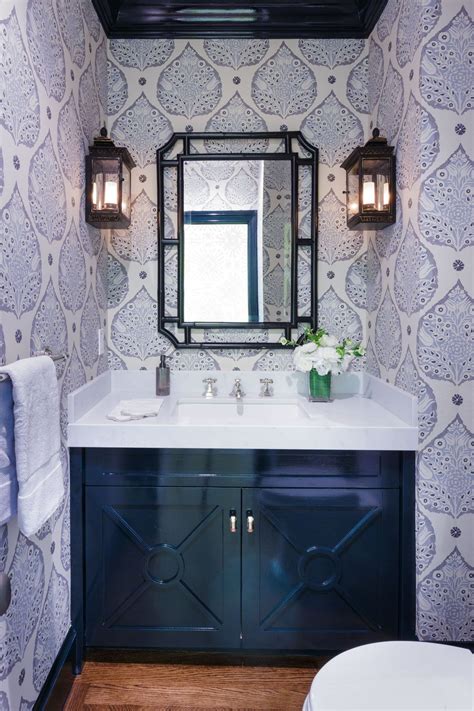 Powder Room With Navy Lacquered Cabinet Classic Bathroom Design