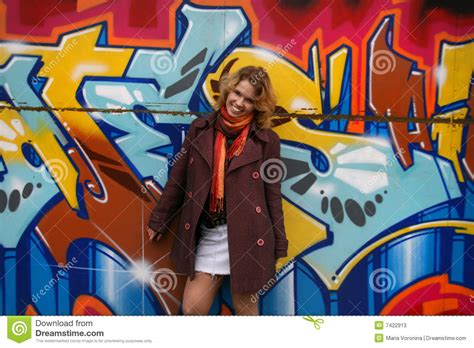Happy Girl In Front Of A Graffiti Wall Stock Image Image