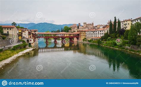 Aerial View Of The Alpini Bridge With The Brenta River In Bassano Del