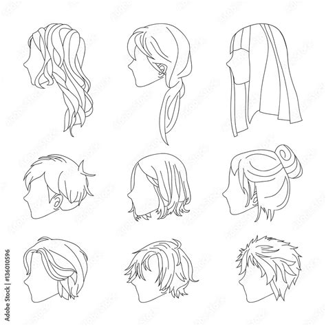 Collection Hairstyle Side View For Man And Woman Hair Drawing Set Vector Illustration Isolated
