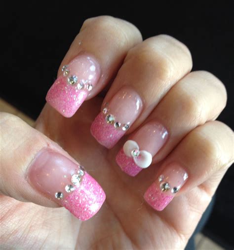 Pink Glittery French Manicure With Rhinestones And A Handmade Bow